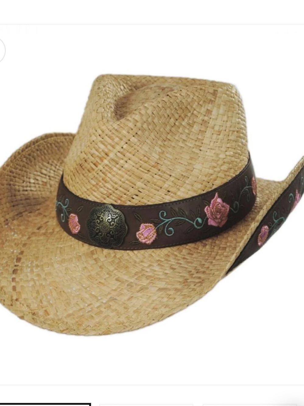 O’Ryan Natural Straw Cowboy Hat with Pink Floral Embroidered Band